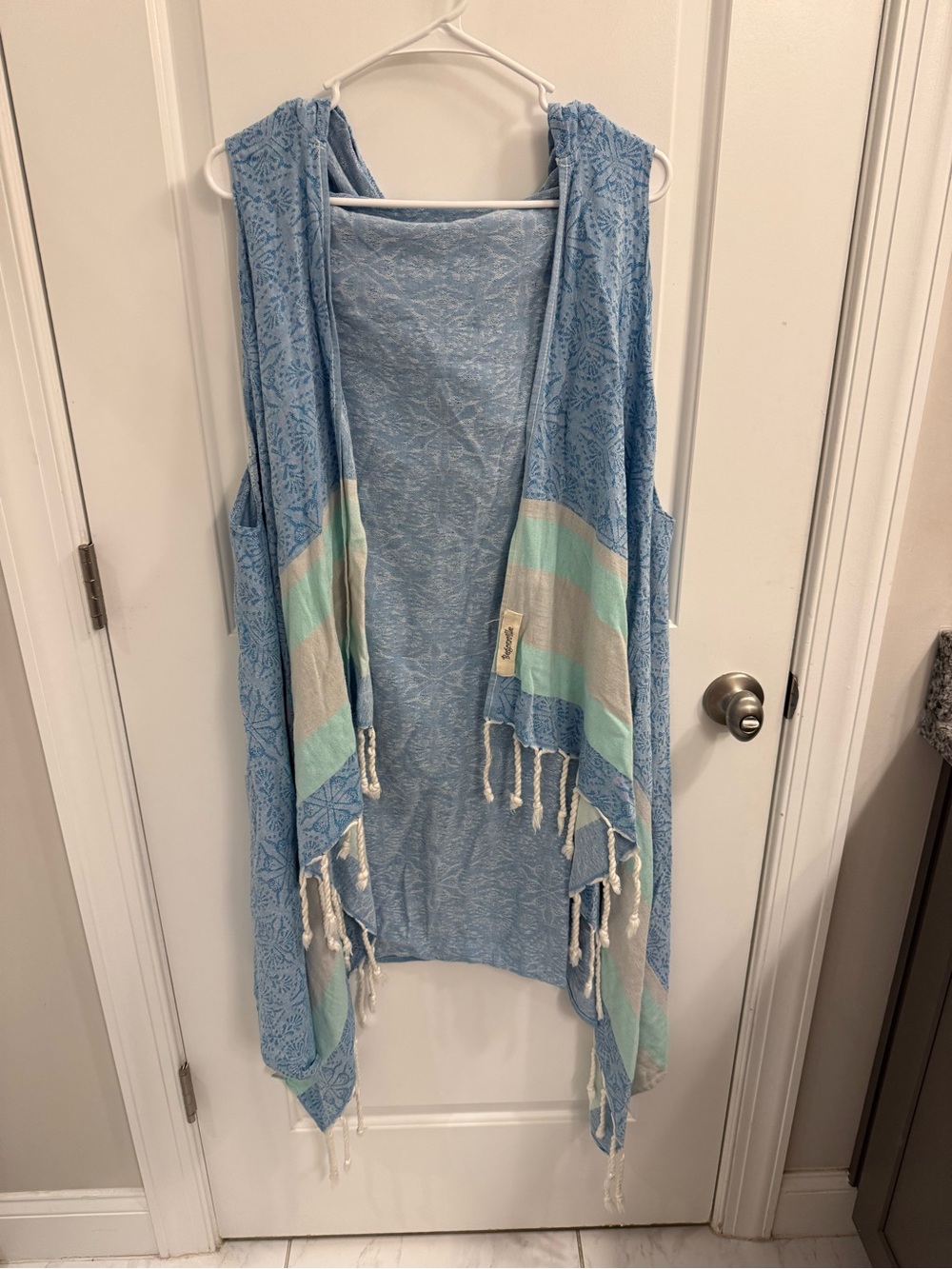 Begonville Woven 100% Cotton Cape Vest Poncho Coverup Blue Stripe